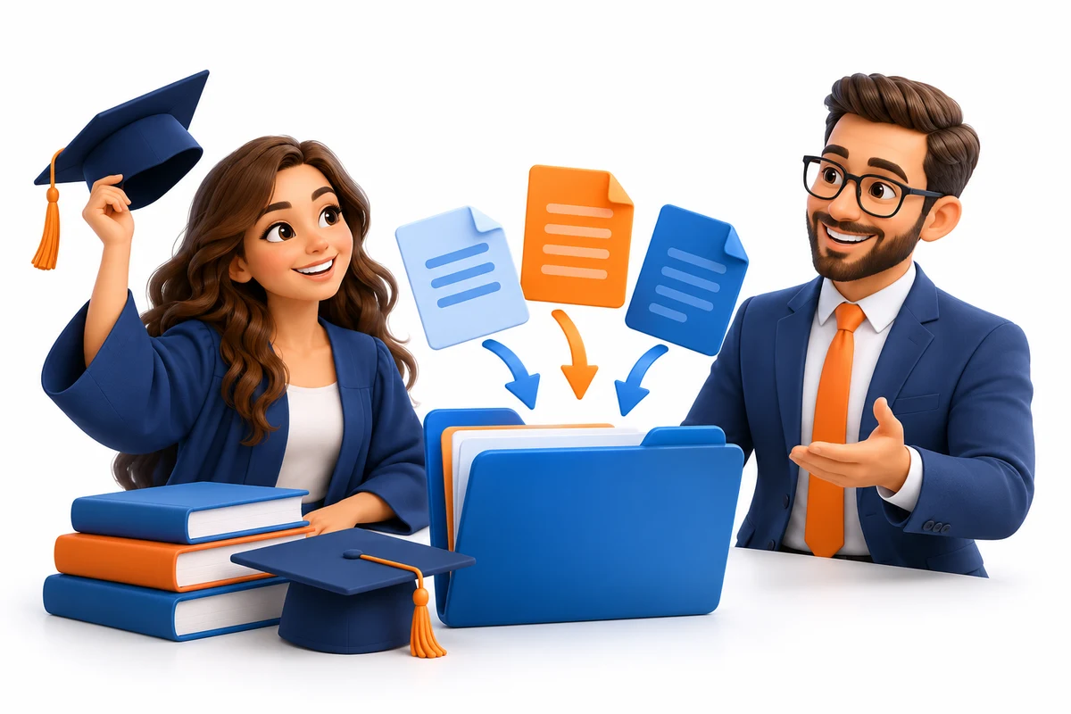Graduate and financial advisor organizing several loan documents into one folder beside books and a graduation cap.