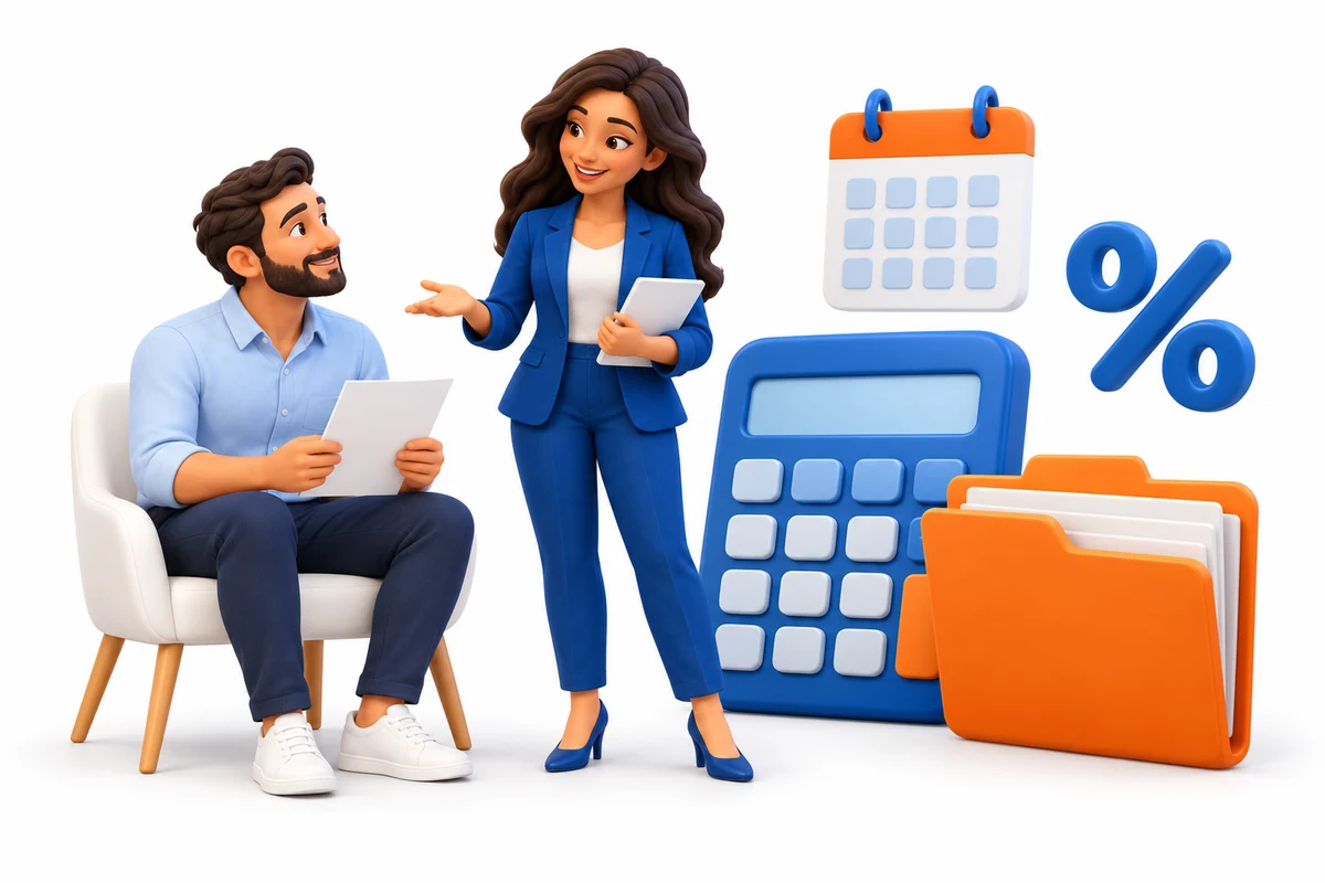A female tax specialist and seated customer reviewing paperwork beside a calculator, calendar and orange folder.