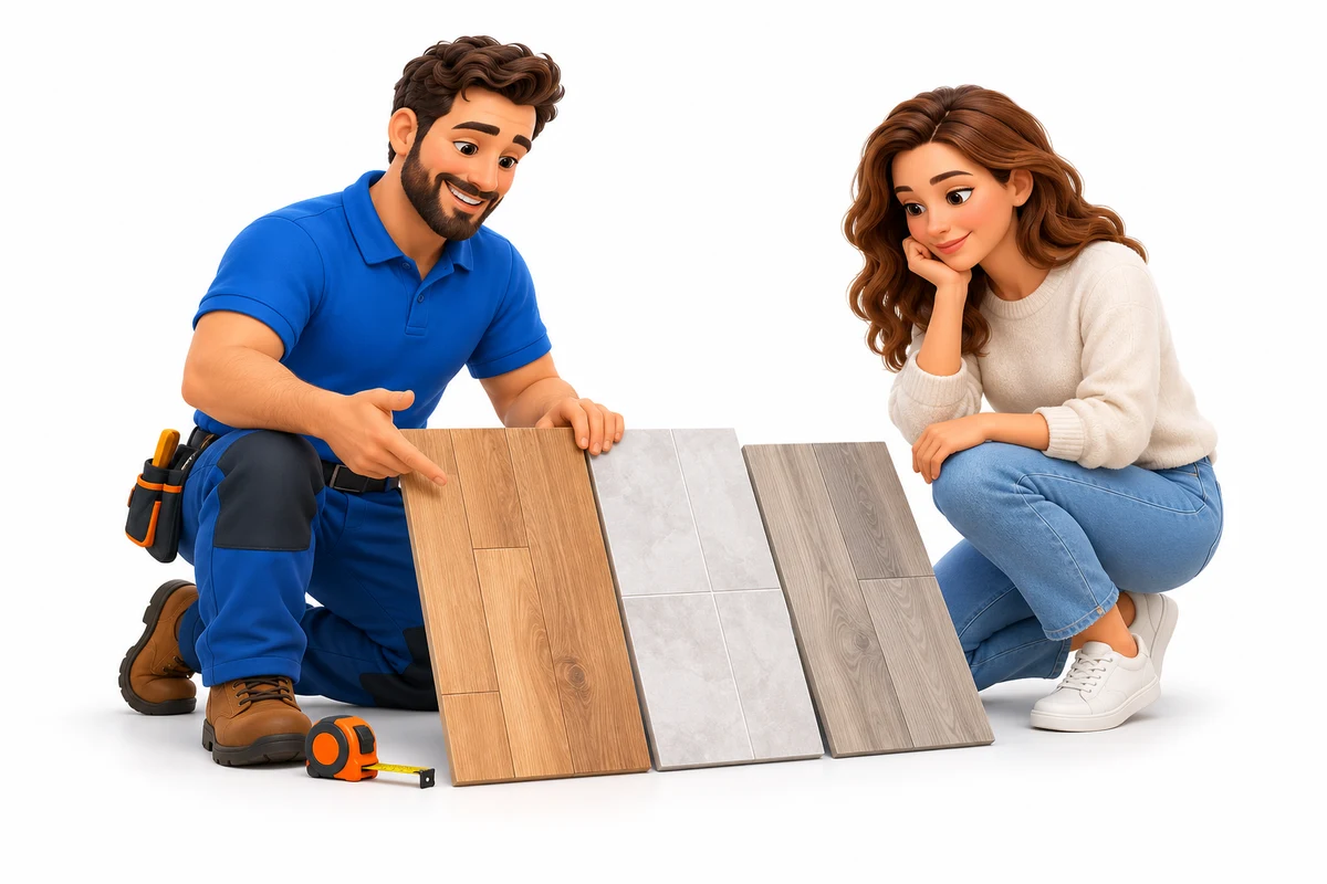 Flooring specialist and homeowner reviewing wood, tile and plank samples beside a tape measure.
