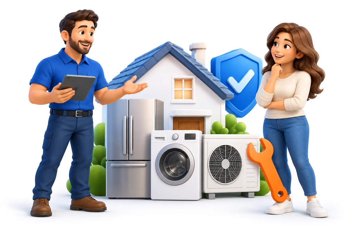 Home warranty advisor and homeowner beside household appliances, a small house and service symbols.