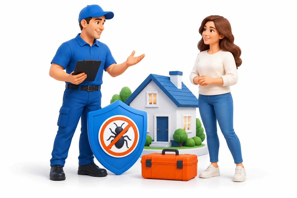 Pest control technician and homeowner beside a house, service case and crossed-out bug symbol.