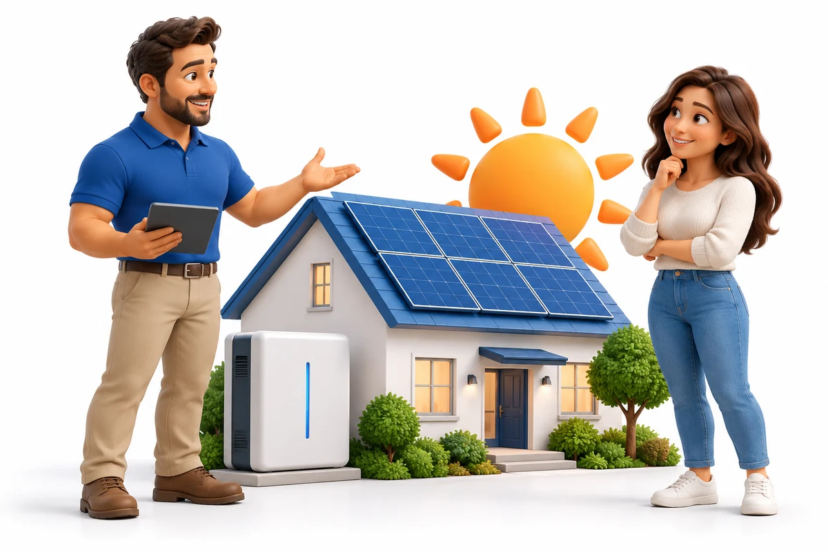 Solar consultant and homeowner beside a house with solar panels, a sun symbol and home battery.