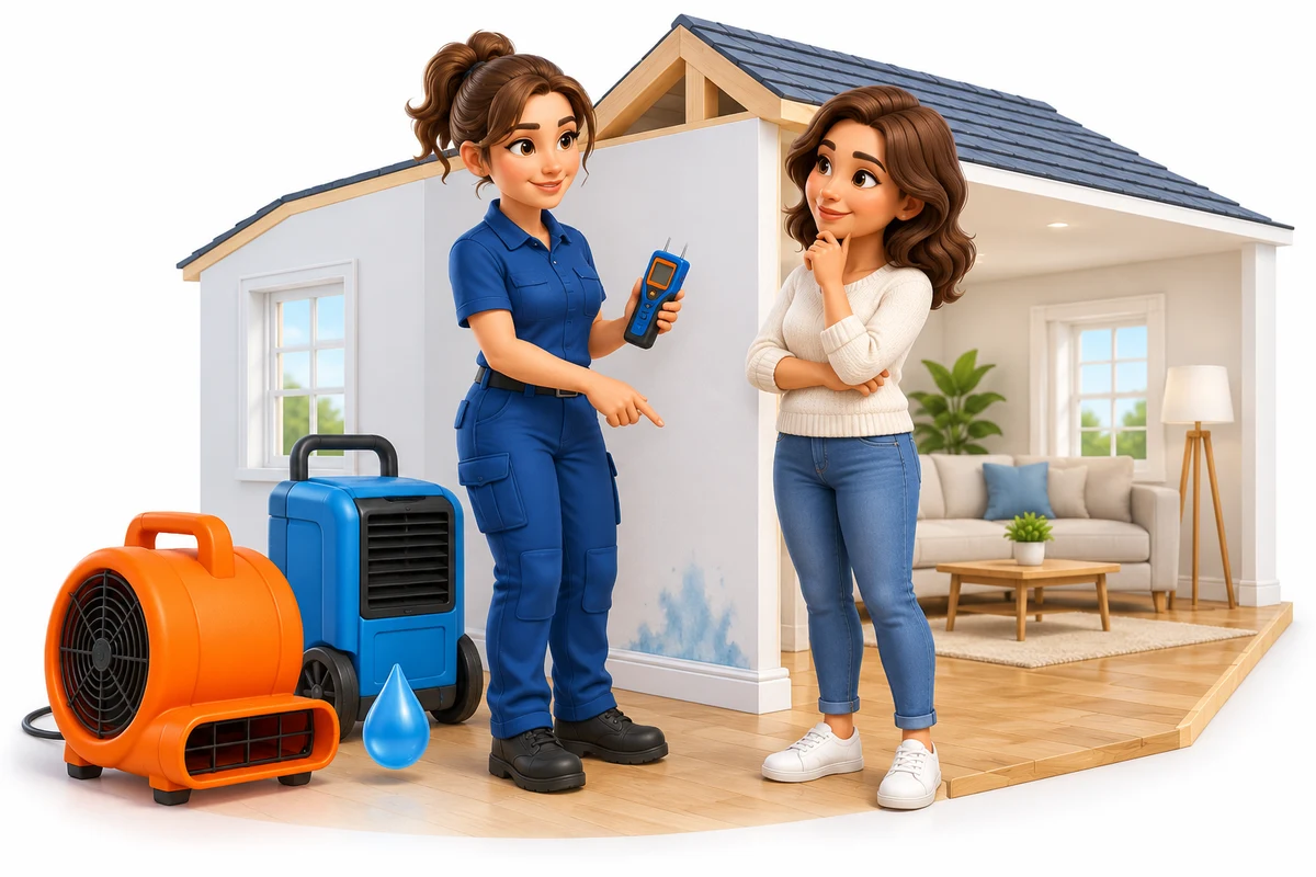 Female restoration specialist and homeowner assessing a water-stained wall beside drying equipment and a moisture meter.