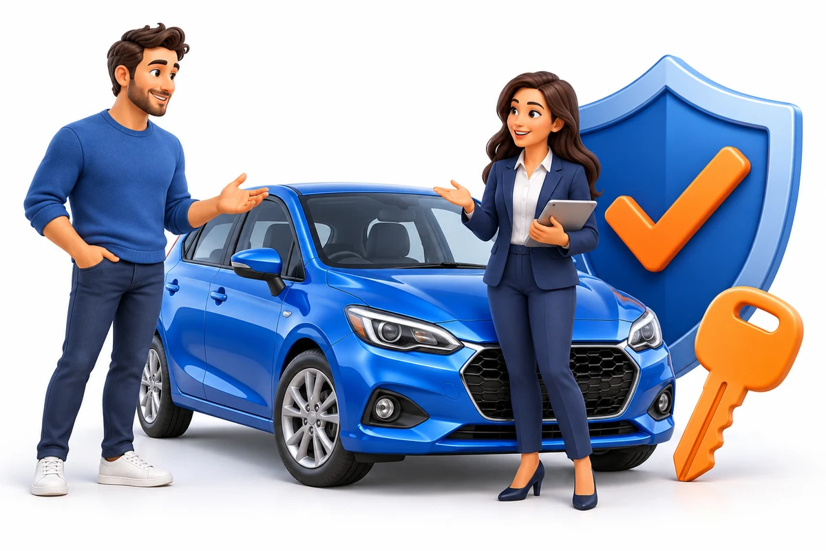 A driver and insurance advisor beside an undamaged car with a protective shield and key symbol.