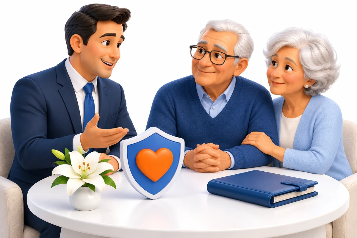 An advisor and an elderly couple discussing final expense planning with a lily, folder and protection symbols.