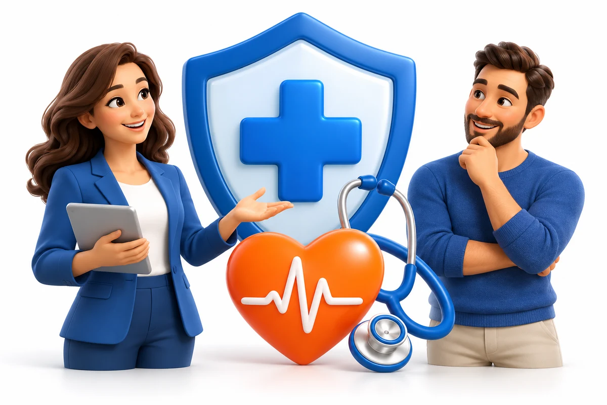 A health coverage advisor and customer beside a medical cross, heartbeat and protection shield.