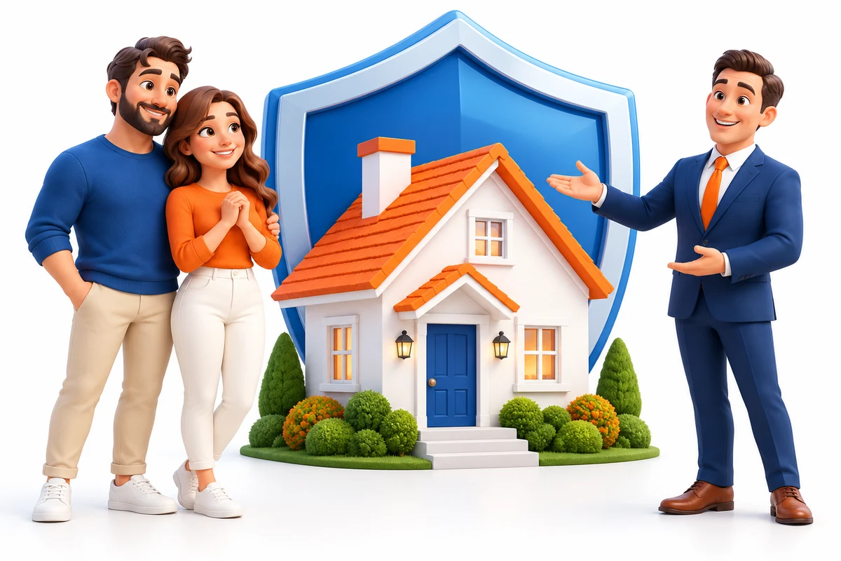Homeowners and an insurance advisor beside a house surrounded by a protective shield.