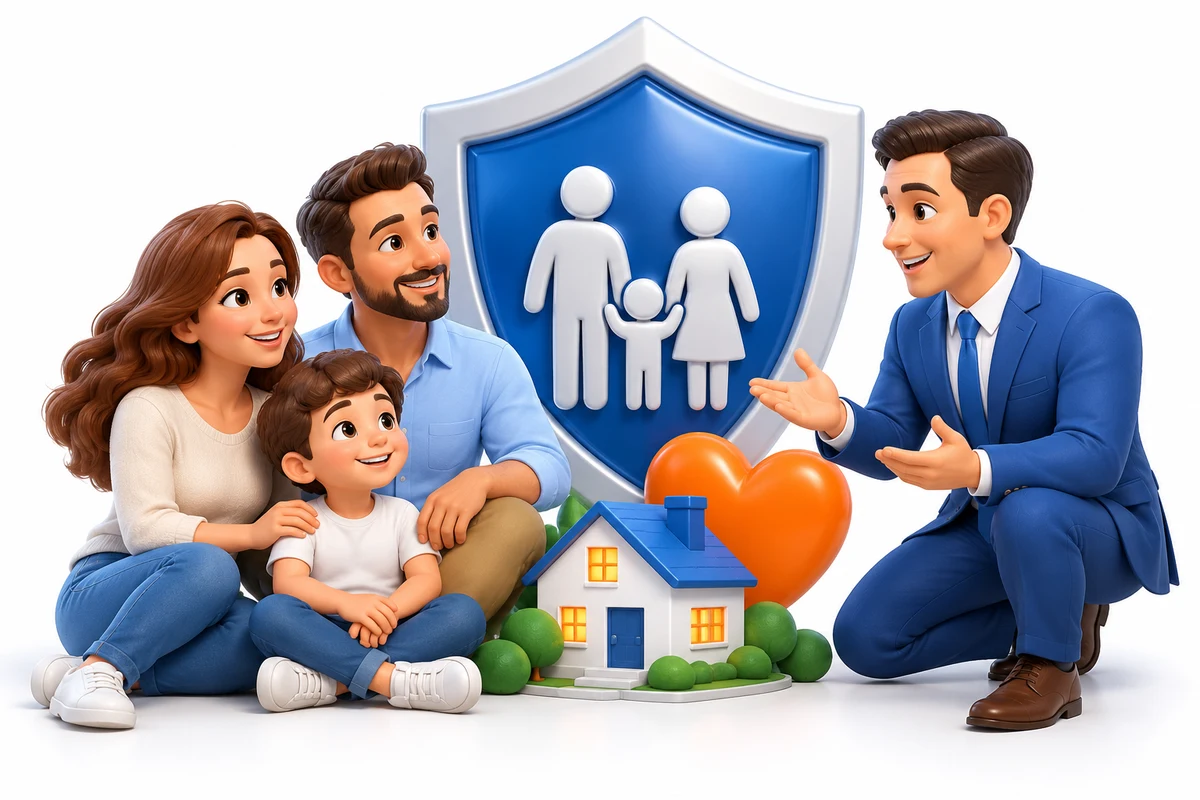 An insurance advisor and a family with a child, alongside a family protection shield and heart.