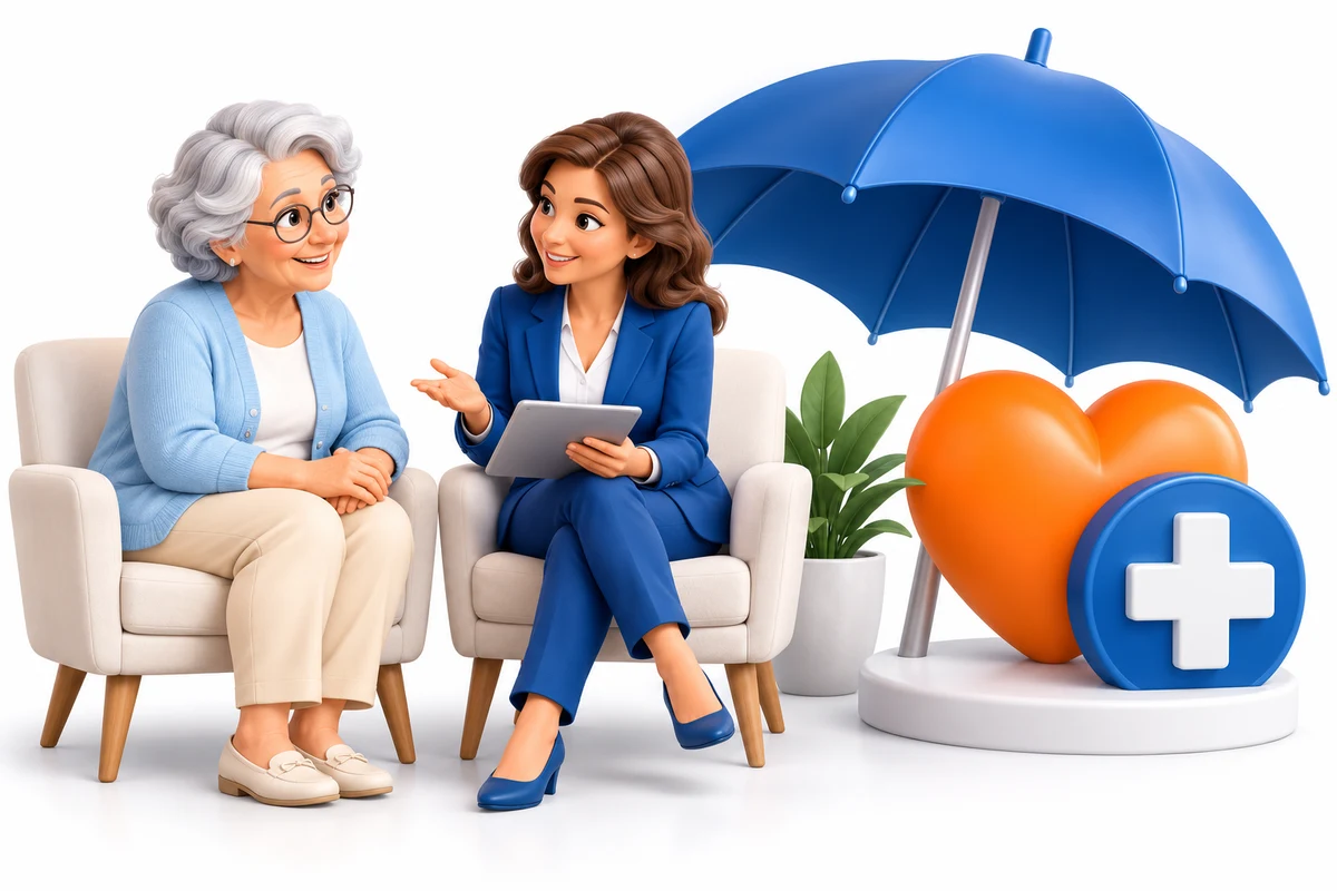 A female coverage advisor and senior woman discussing Medicare options beside a protective umbrella, heart and medical cross.