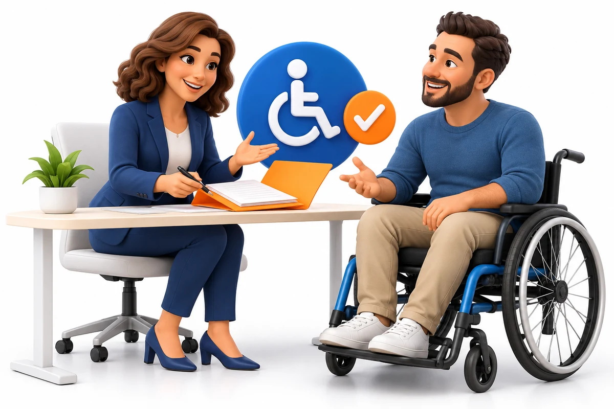 A disability assistance advisor meeting a wheelchair user at an accessible desk with paperwork and accessibility symbols.