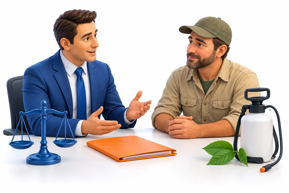 Legal advisor and gardening professional discussing a file beside an unbranded garden sprayer and legal scales.