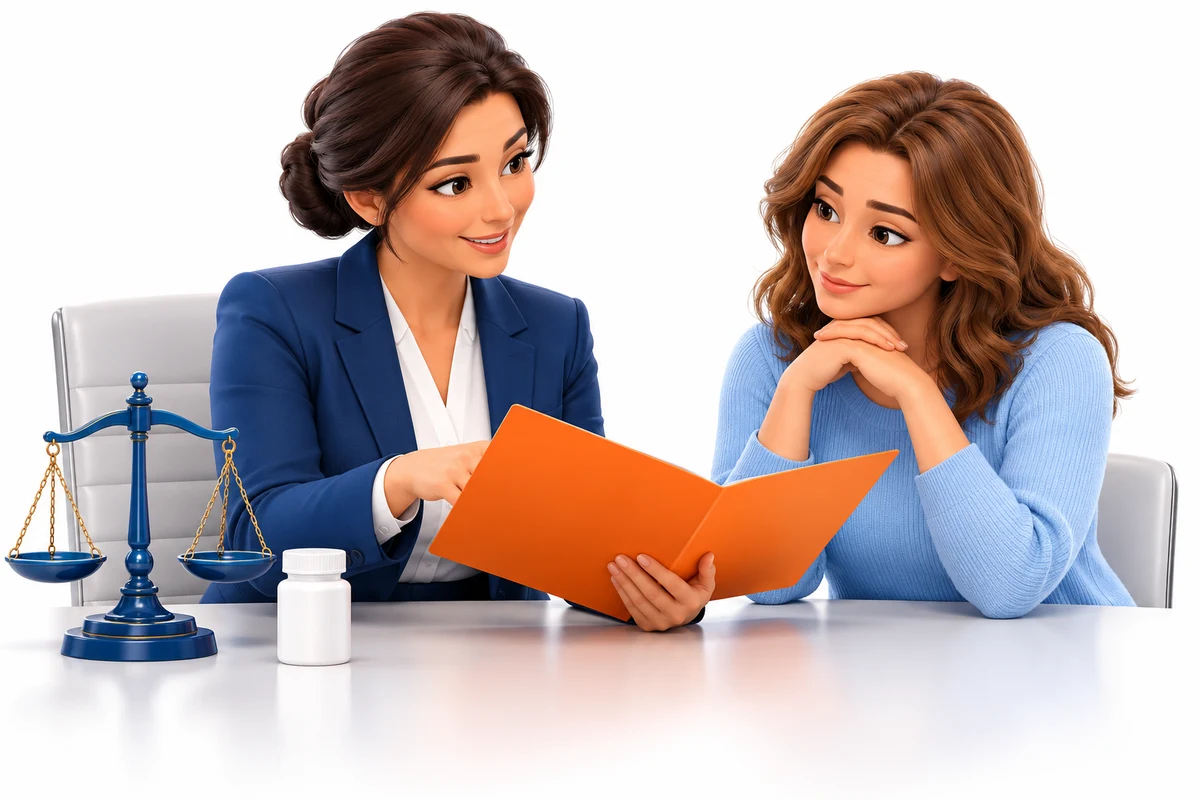 Legal intake advisor and parent reviewing a document beside an unbranded medicine bottle and legal scales.