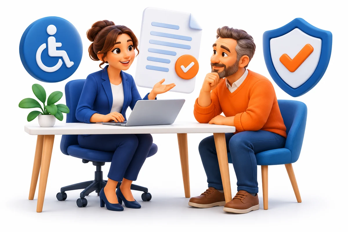 A service advisor assisting a customer, with document and accessibility symbols.